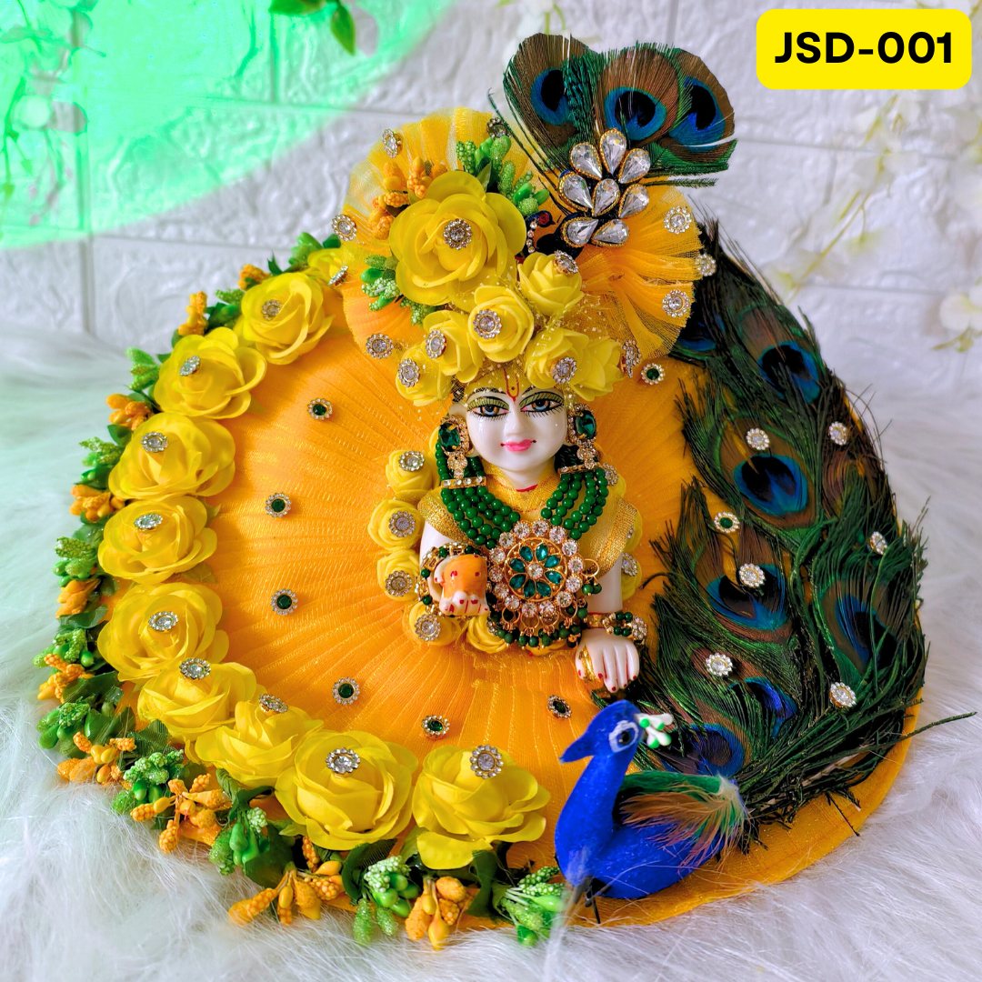 Janmashtami special Yellow Floral heavy poshak with 3D peacock design and heavy Matching Pagdi | JSD001