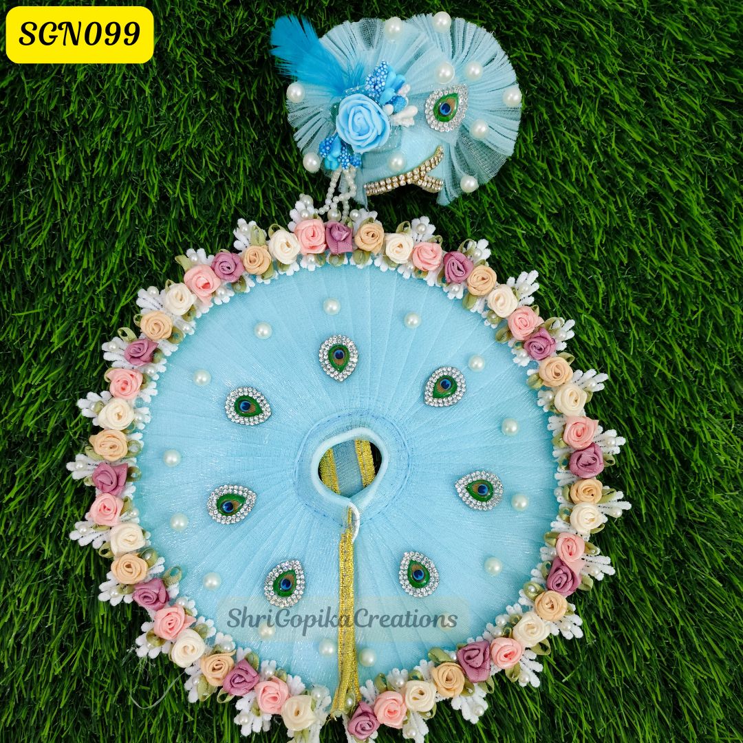 Elegant Blue Laddu Gopal Dress with Floral Border and Peacock Design | Handcrafted Poshak | SGN099