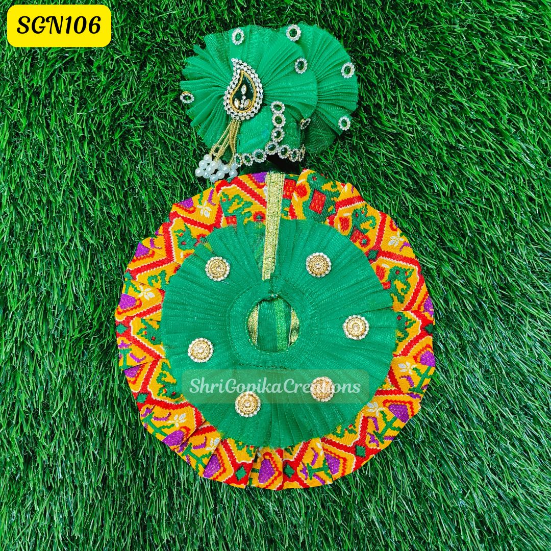 Vibrant Green and Multicolor Laddu Gopal Dress with Beaded Crown | SGN106