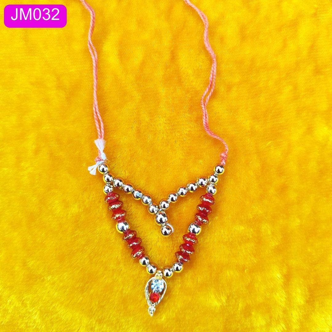 Red and Gold Beaded Laddu Gopal Haar with Sparkling Pendant ( 2 inch )|| JM032