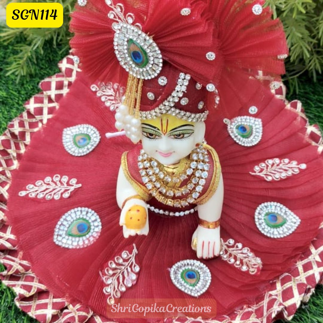 Elegant Red Laddu Gopal Dress with Peacock Accents | SGN114