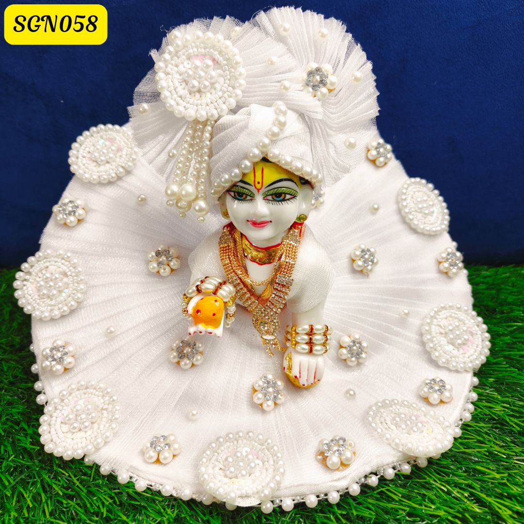 Elegant White Pearl-Embedded Laddu Gopal Net Poshak |SGN058