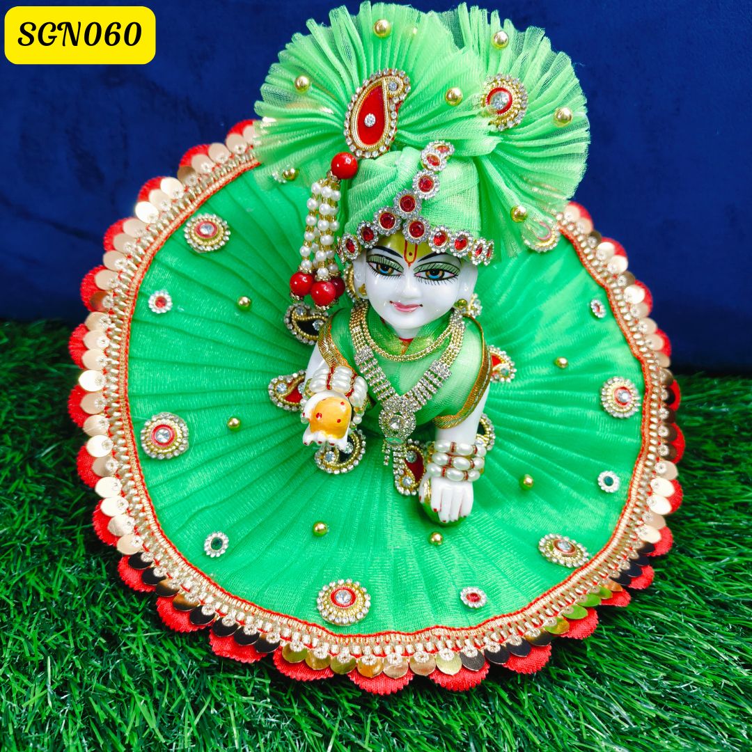 Vibrant Green Laddu Gopal Net Poshak with Red-Gold Border | SGN060