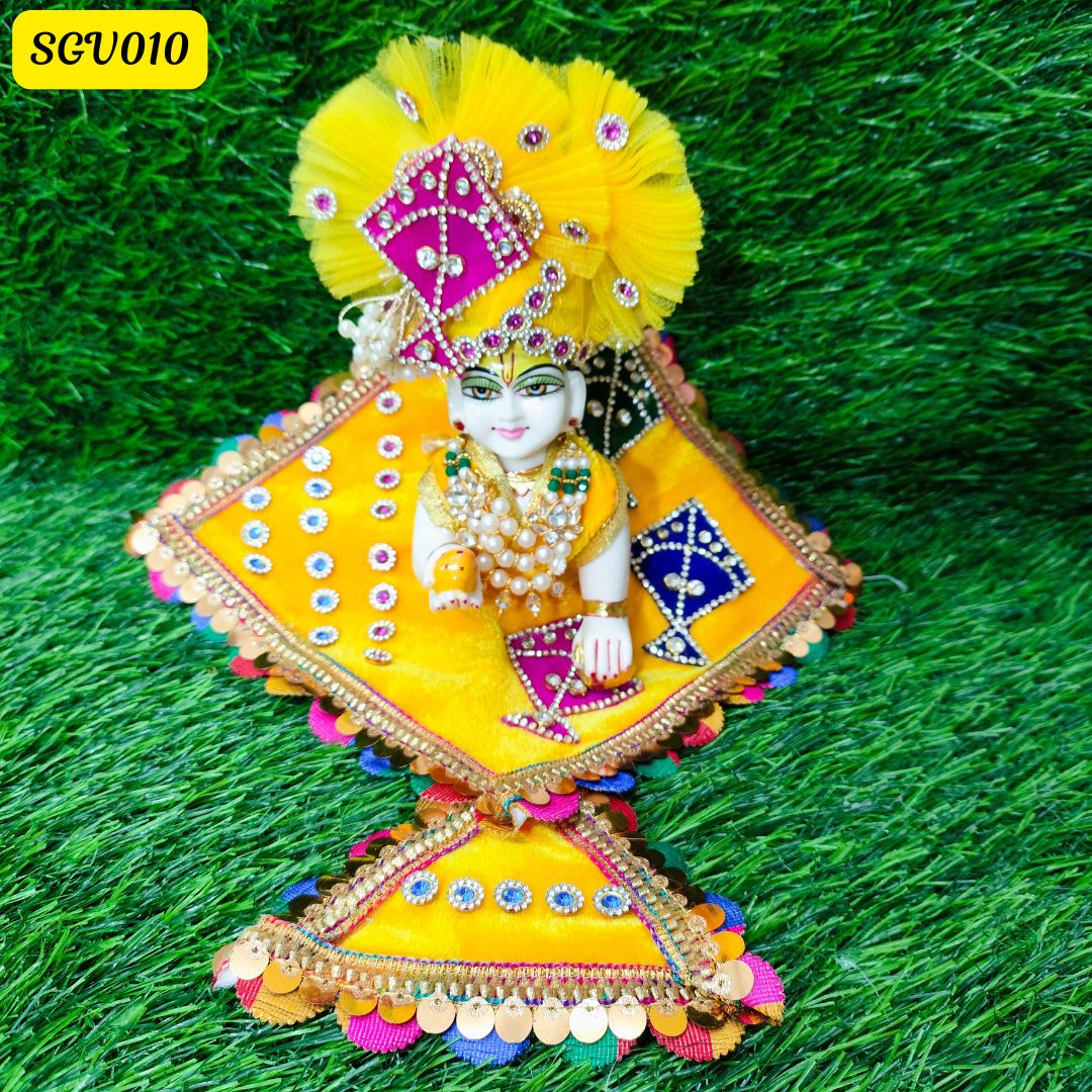 Vibrant Yellow Velvet Laddu Gopal Dress with Kite Design | SGV010