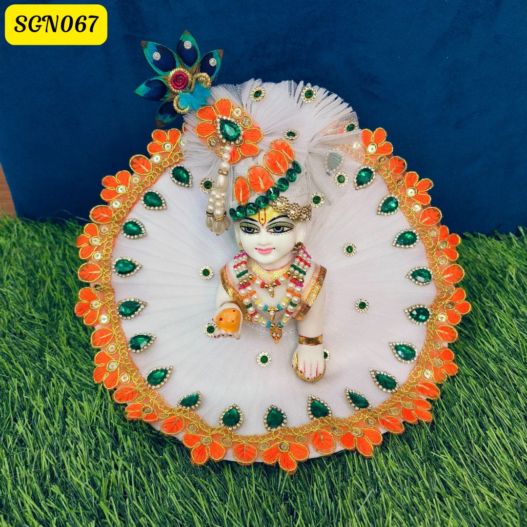 White Laddu Gopal Poshak with Green Stones and Floral Details | SGN067