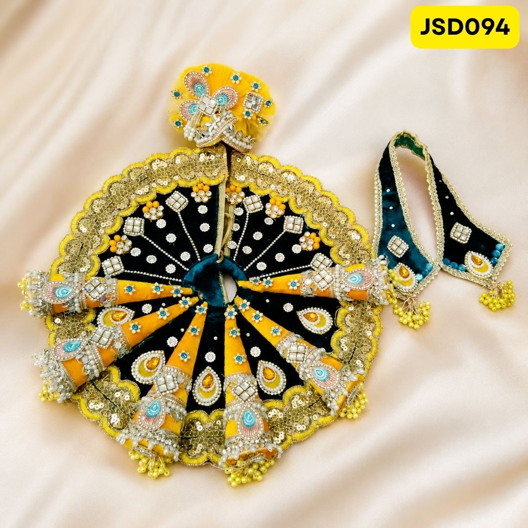 Yellow Blue Designer Cone Flare Laddu Gopal Ji Poshak with Matching Pagdi | JSD094