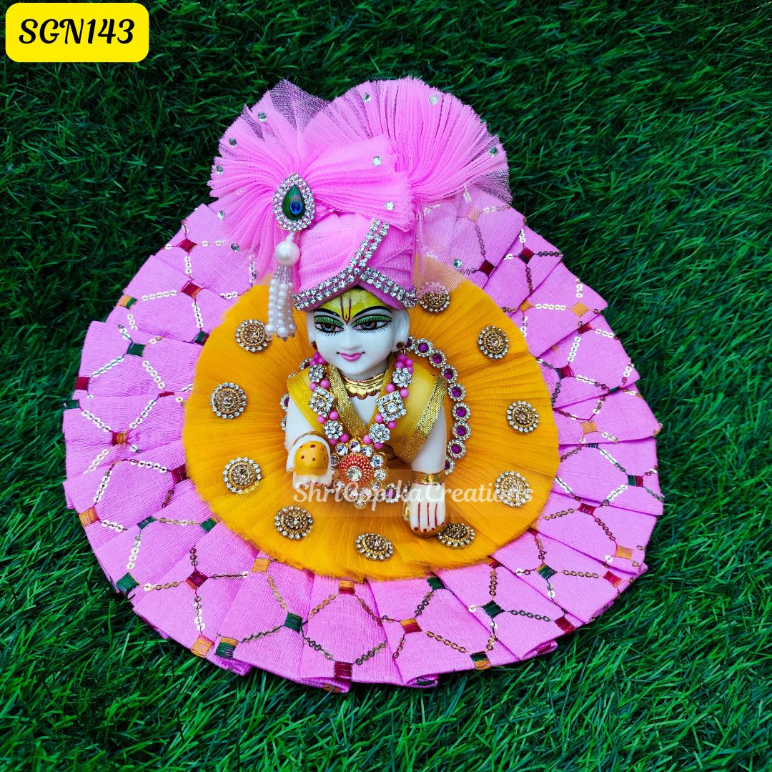 Yellow and Pink Laddu Gopal Dress with Beaded Crown | SGN143