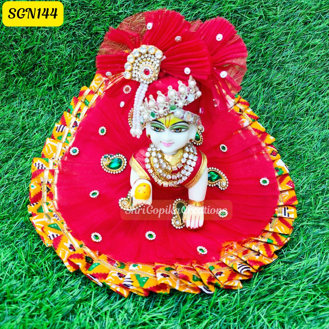 Red and Multicolor Laddu Gopal Dress with Beaded Crown | SGN144