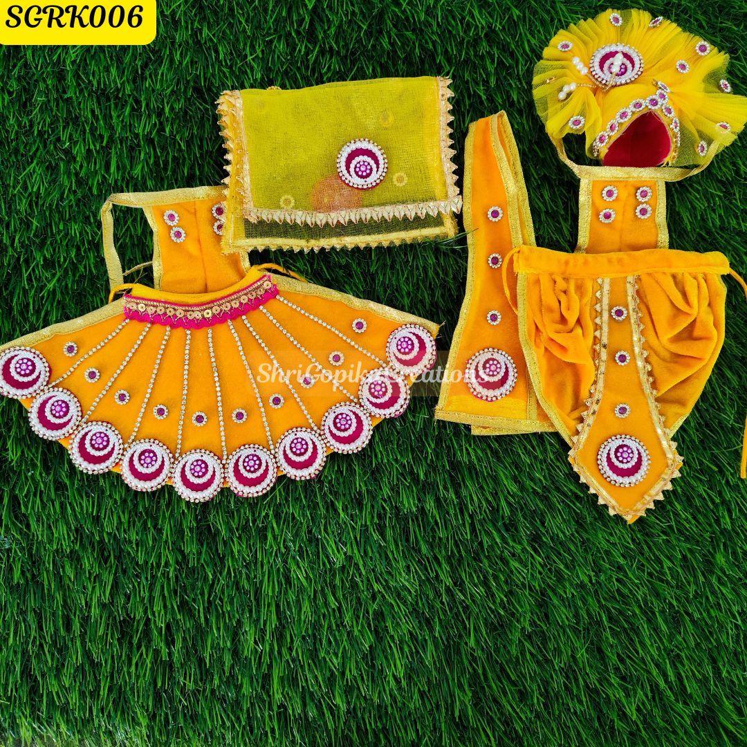 Yellow Velvet Radha Krishna Outfit with Golden Detailing with matching Chunni | SGRK006