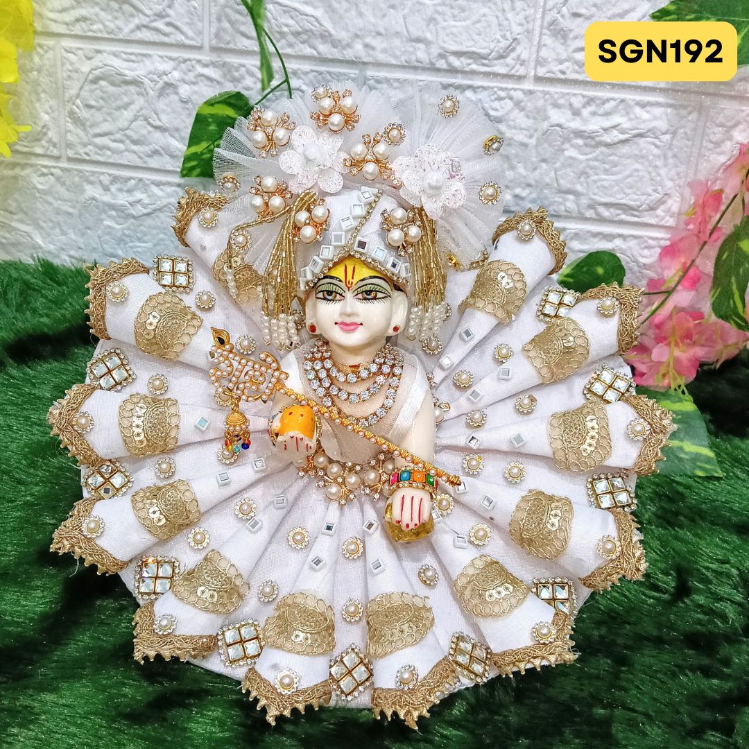 Beautiful White Designer Poshak for Laddu Gopal with Matching Pagdi | SGN192