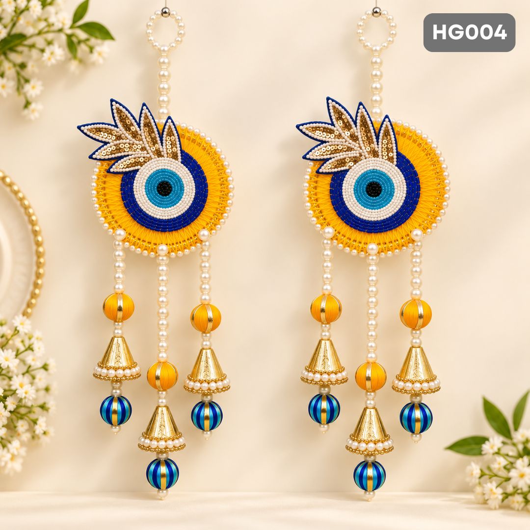 Blue & Yellow Peacock Feather Hanging Latkan with Pearls | HG004