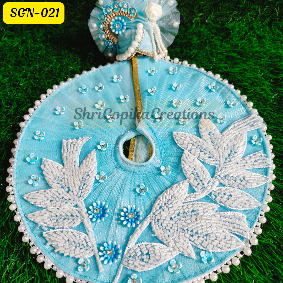 Sky Blue Laddu Gopal Dress with Floral and Leaf Design paired with Matching Pagdi | SGN021