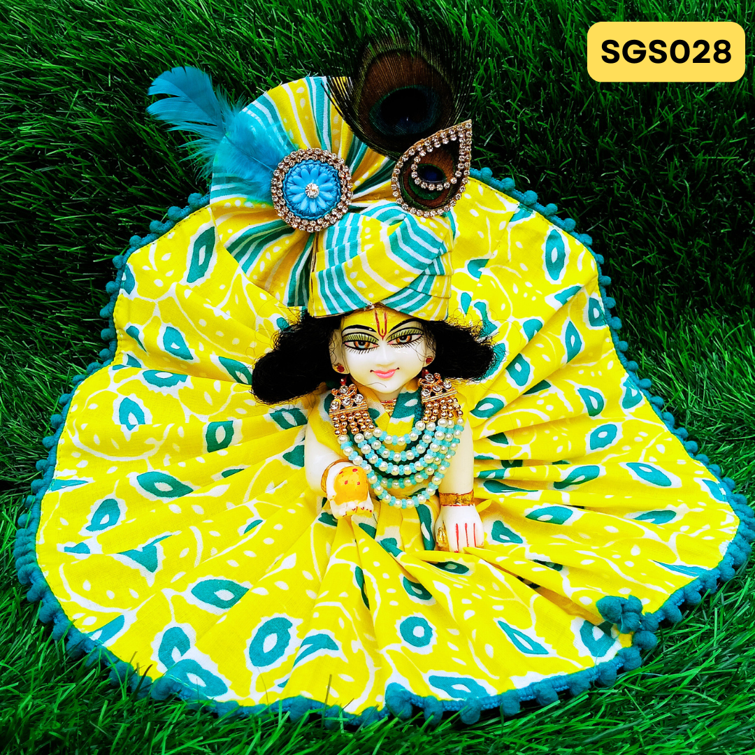 ๐ฟ Vibrant yellow printed pure cotton Laddu Gopal Dress with matching Crown โ SGS028๐ฟ