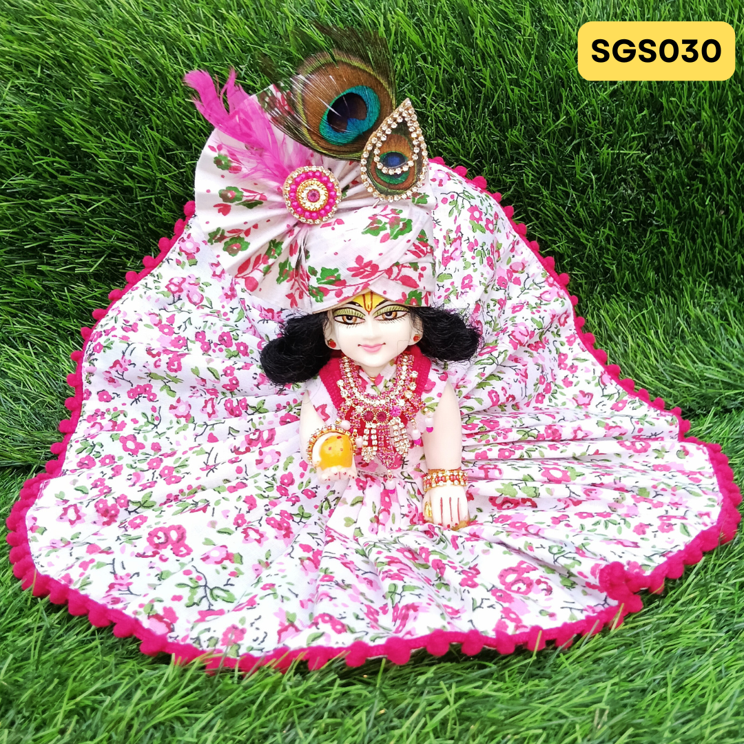 ๐ฟ White and pink printed pure cotton Laddu Gopal Dress with matching Pagdi โ SGS030๐ฟ