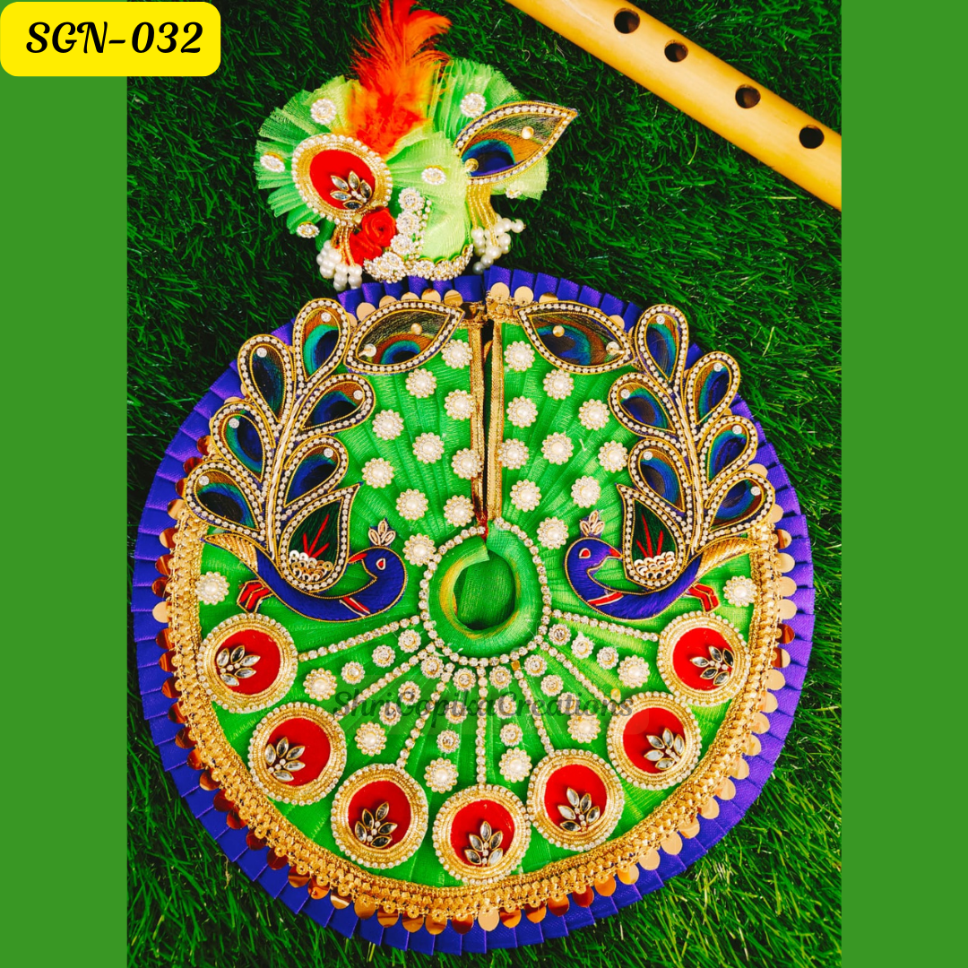 Parrot Green Laddu Gopal Dress with Stunning Peacock Design and Matching Pagdi | Handcrafted Gopal Poshak | SGN032