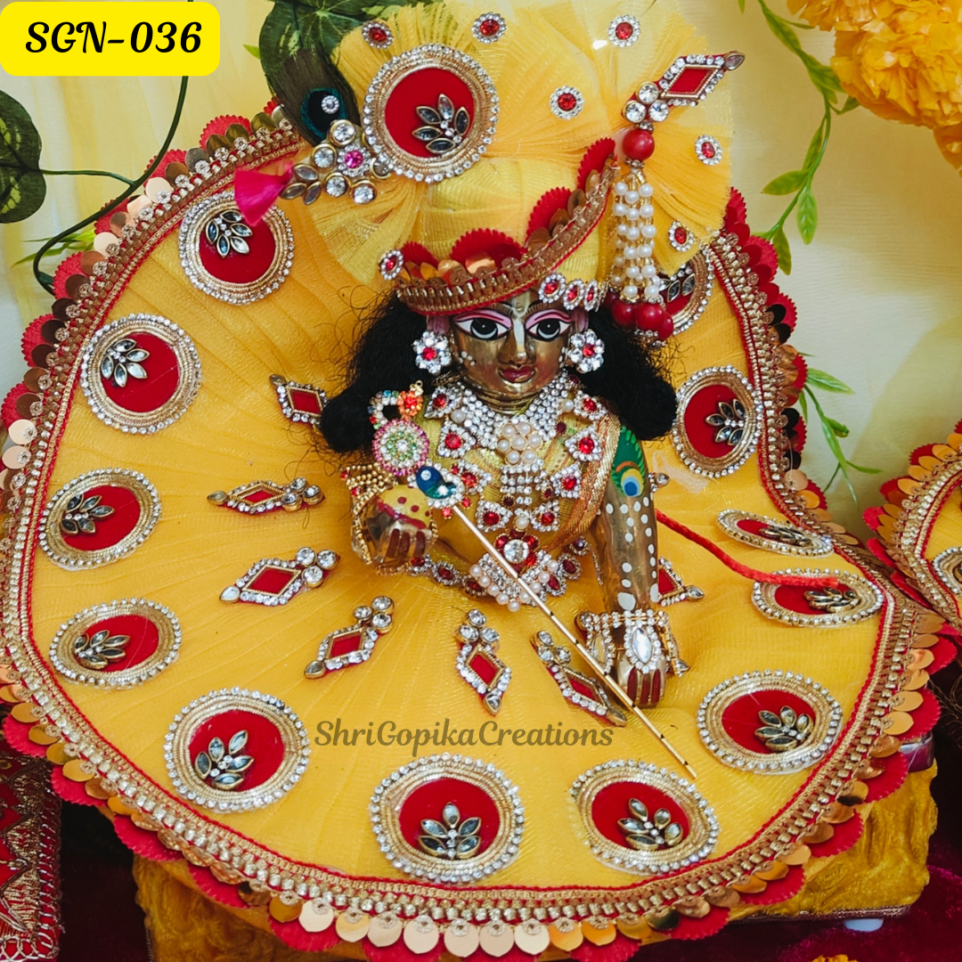 Golden Yellow Laddu Gopal Dress with Red Embellishments | Handcrafted Gopal Poshak | SGN036