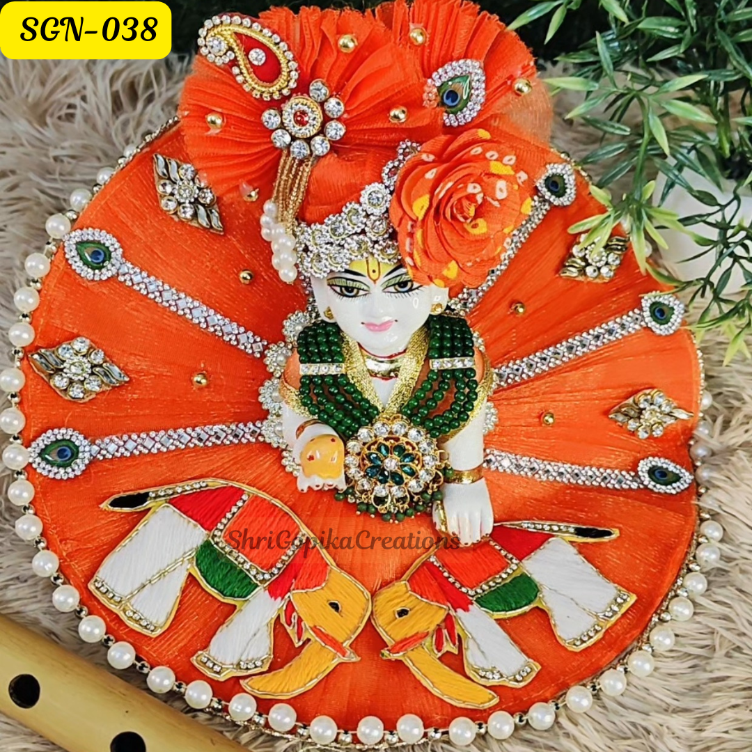 Elegant Orange Laddu Gopal Dress with Elephant Patch with Matching pagdi| Handcrafted Gopal Poshak | SGN038