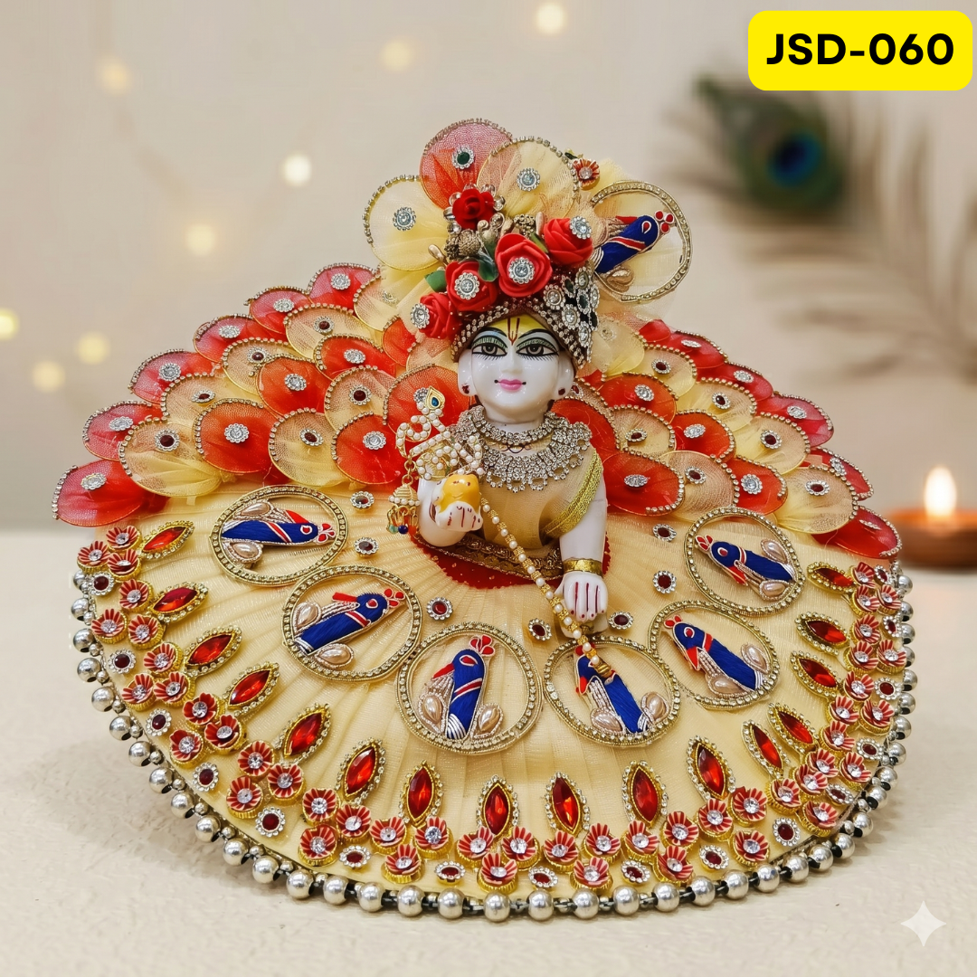 Cream Red Peacock Design Laddu Gopal Ji Poshak with Matching Pagdi | JSD060