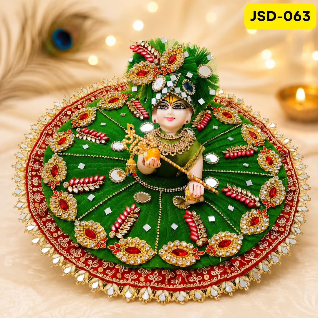 Green Red Mirror Work Laddu Gopal Ji Poshak with Matching Pagdi | JSD063