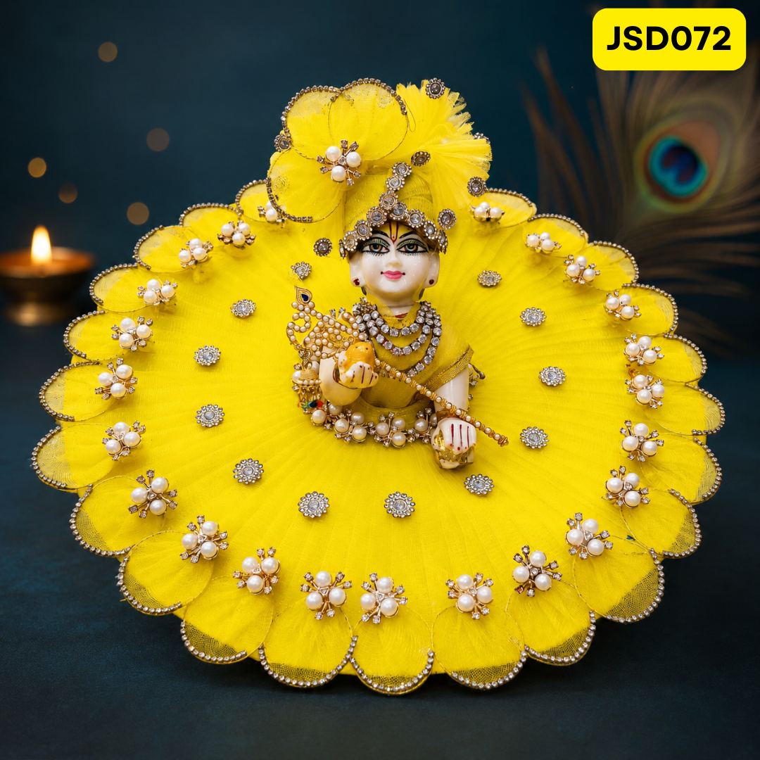 Yellow Pearl Flower Laddu Gopal Ji Poshak with Matching Pagdi | JSD072
