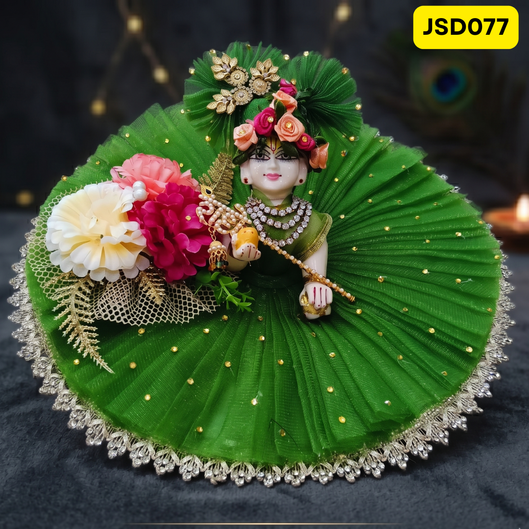 Green Floral Lace Laddu Gopal Ji Poshak with Matching Pagdi | JSD077