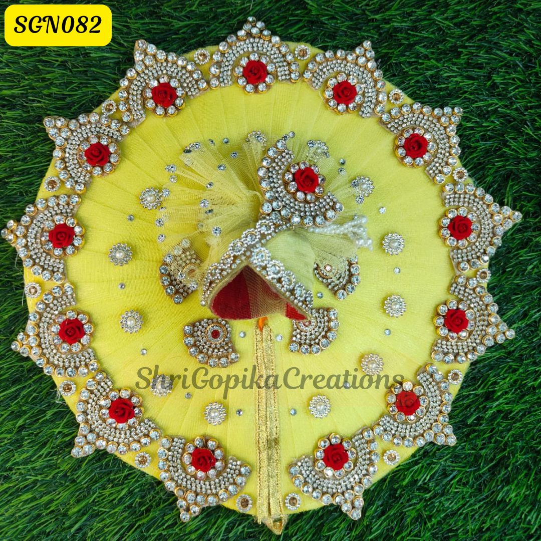 Lemon Yellow Laddu Gopal Dress and matching Pagdi with Red Rose and Stone Embellishments | SGN082