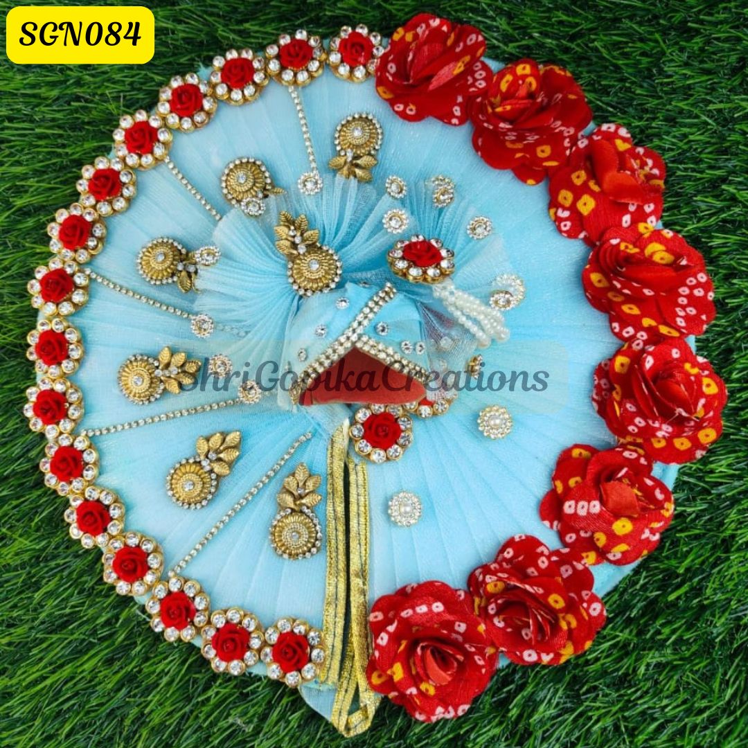 Sky Blue Laddu Gopal Dress with Red Rose and Matching Pagdi | SGN084