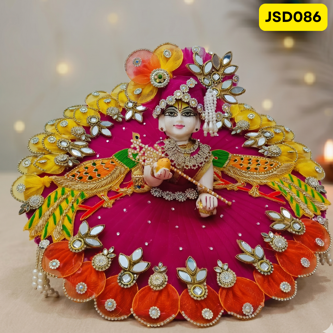 Rani Pink Multicolor Peacock Laddu Gopal Ji Poshak with Matching Pagdi | JSD086