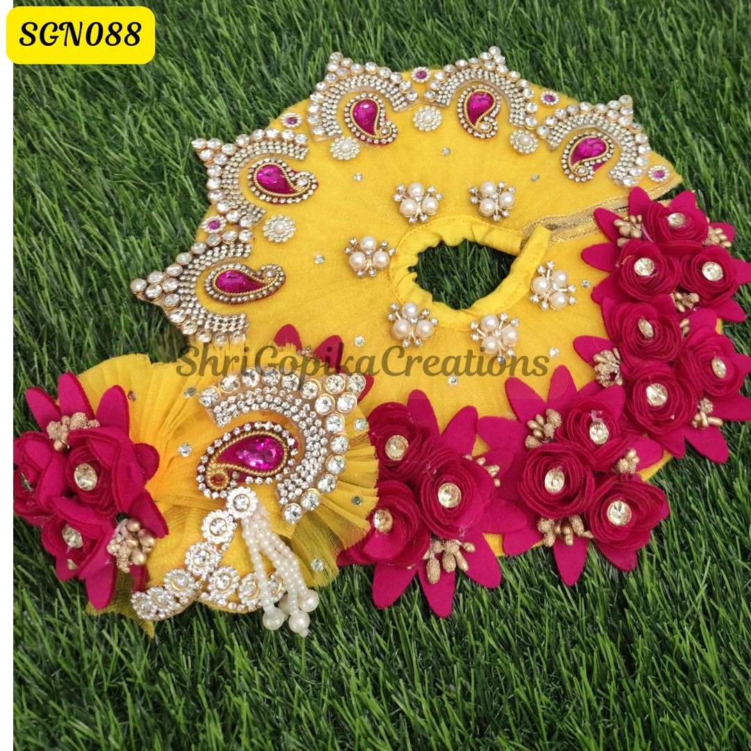 Yellow heavy Laddu Gopal Dress with red Floral and Stone Embellishments paired with Matching Pagdi | SGN088