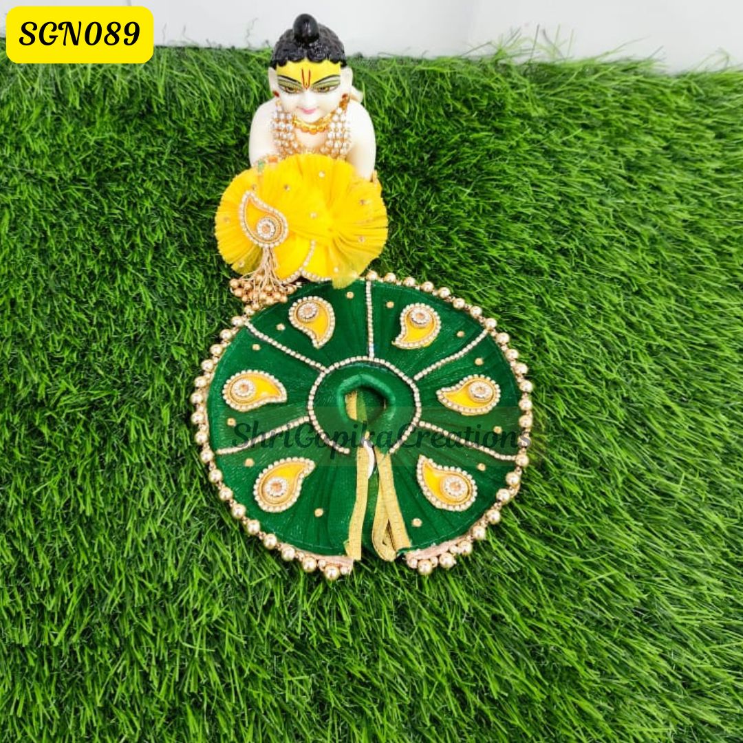 Green Laddu Gopal Dress with Contrast Yellow Pagdi | SGN089