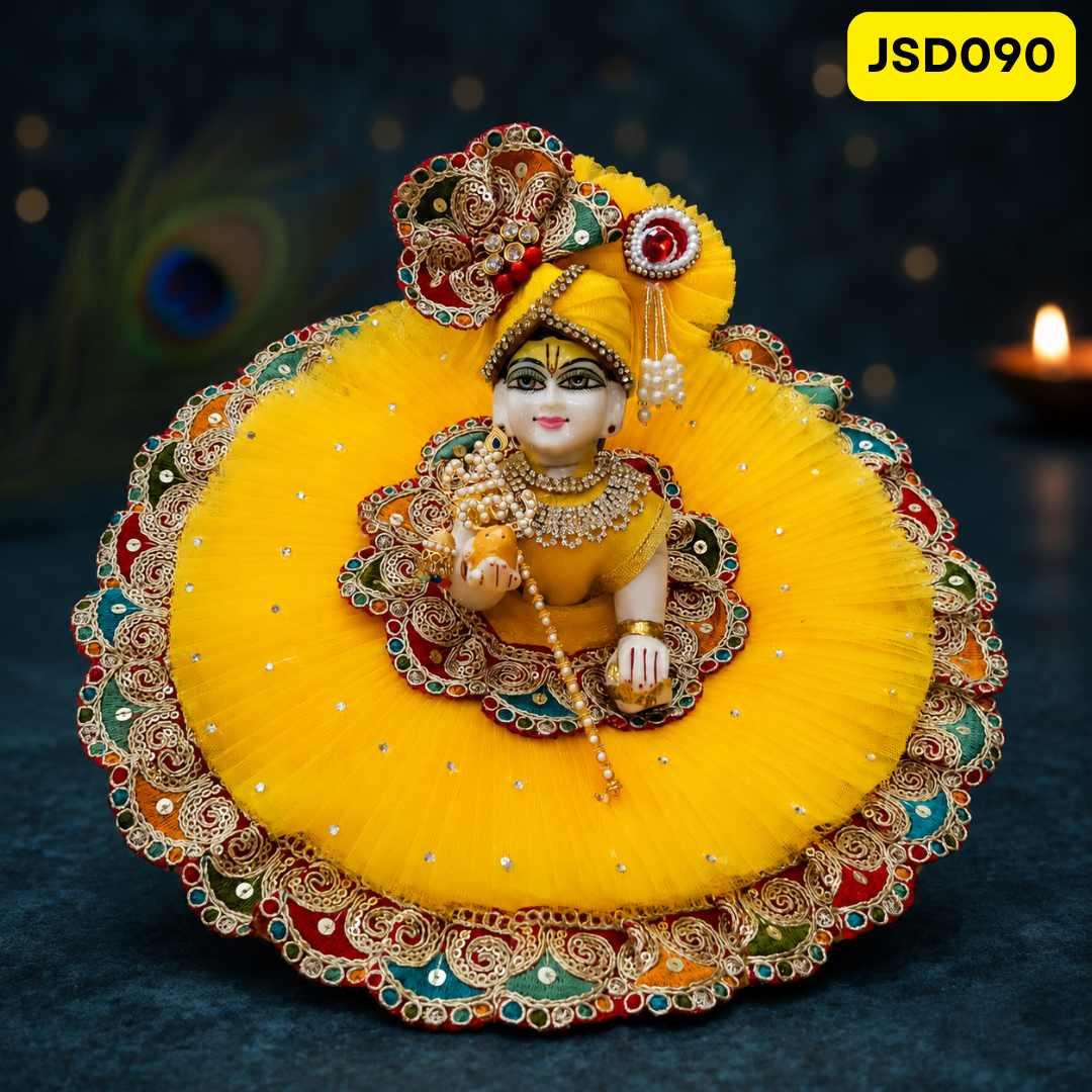 Yellow Multicolor Lace Laddu Gopal Ji Poshak with Matching Pagdi | JSD090