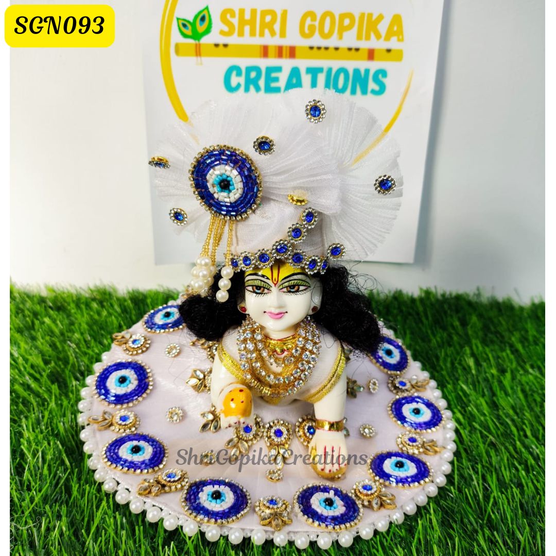 White and Blue Evil Eye Laddu Gopal Dress with Matching Pagdi | SGN093
