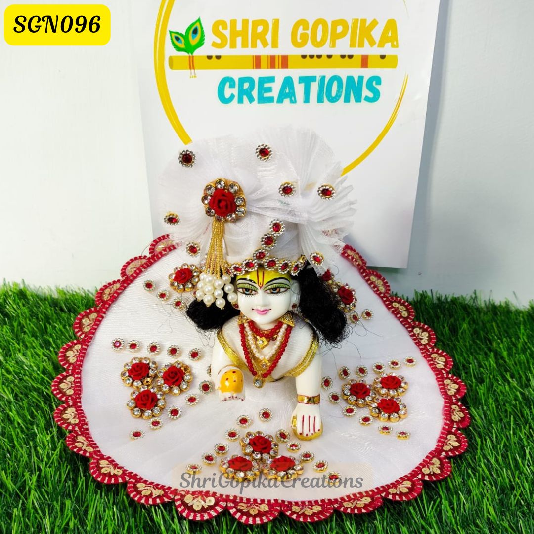 Red and White Laddu Gopal Dress with Matching Pagdi | SGN096