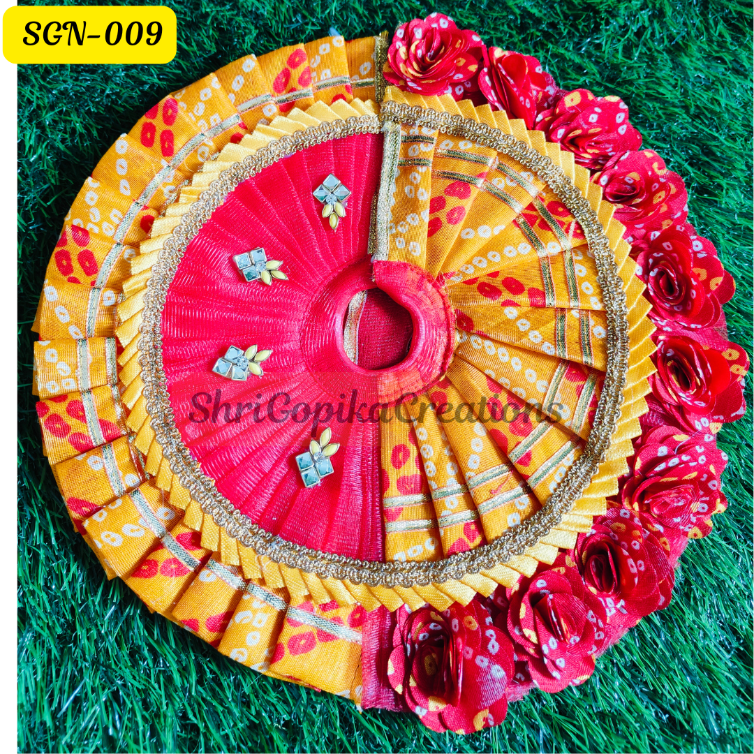 Traditional Red and Yellow Bandhani Laddu Gopal Dress with Floral Desi