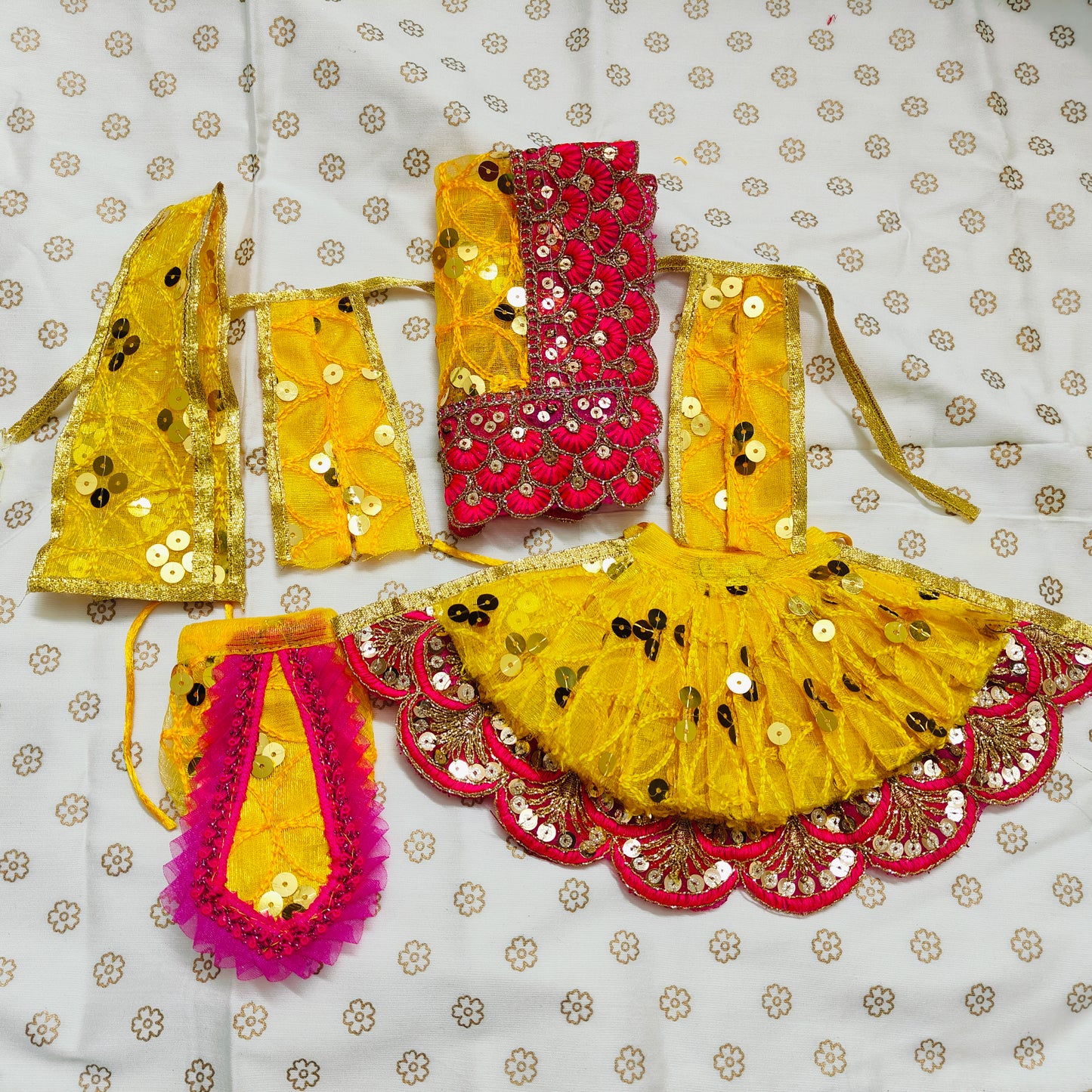 Yellow and Pink Sequin net Radha Krishna poshak with matching chunni | SGRK002