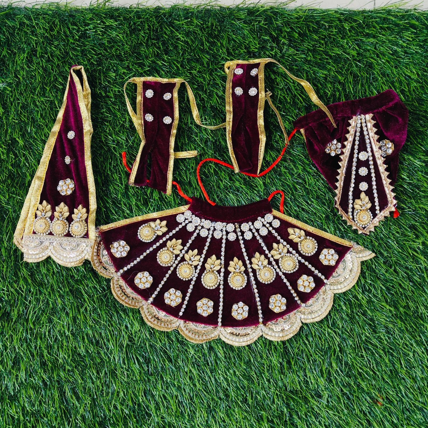 Wine Velvet Radha Krishna Outfit with Golden Detailing with matching Chunni | SGRK003