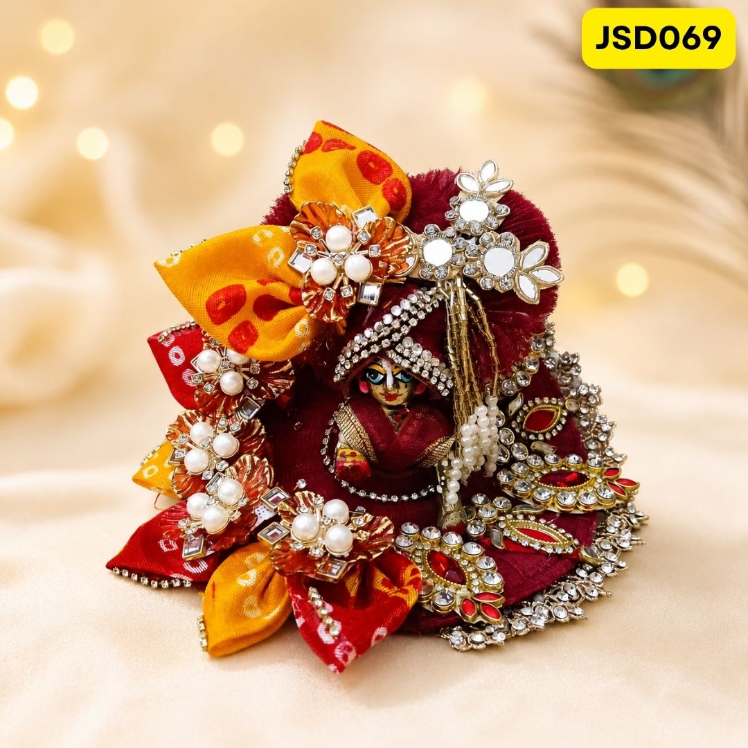Maroon Red Bandhani Bow Work Laddu Gopal Ji Poshak with Matching Pagdi | JSD069