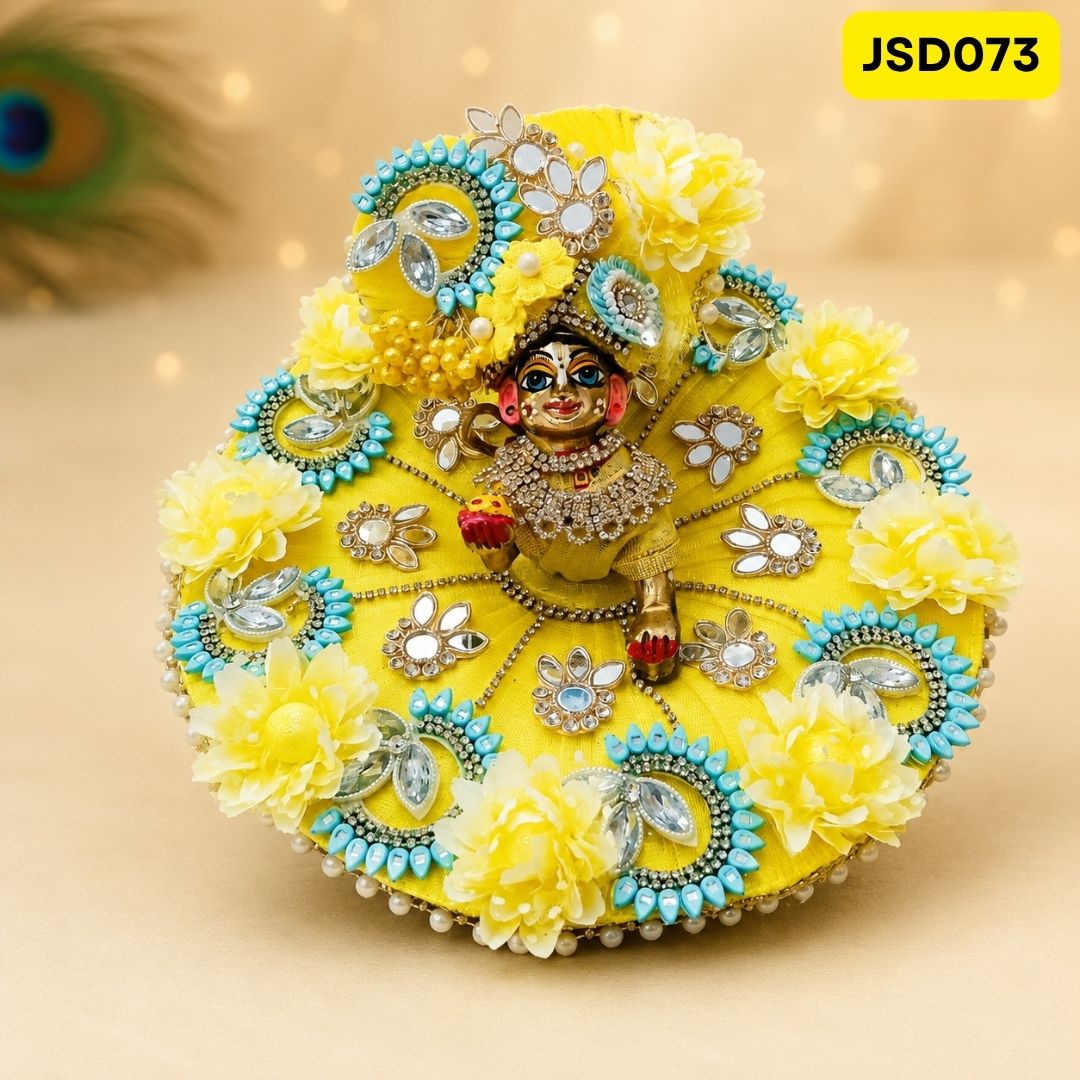 Yellow Turquoise Floral Laddu Gopal Ji Poshak with Matching Pagdi | JSD073