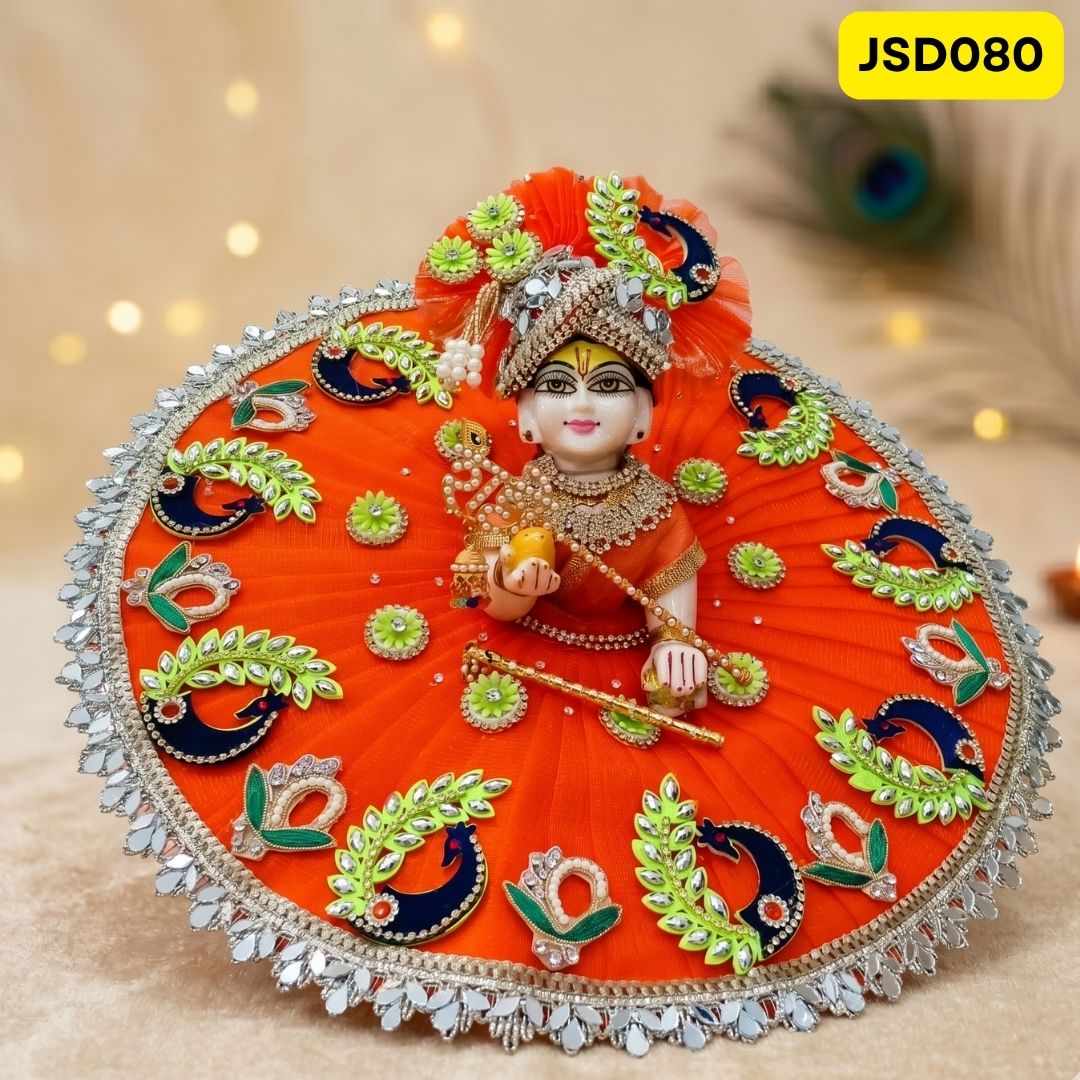 Orange Peacock Motif Laddu Gopal Ji Poshak with Matching Pagdi | JSD080