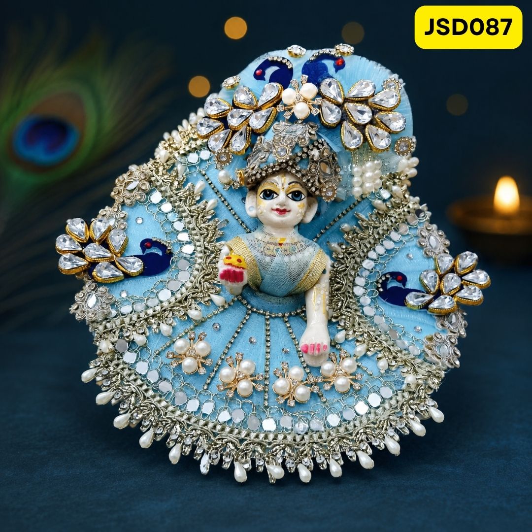 Sky Blue Peacock Mirror Work Laddu Gopal Ji Poshak with Matching Pagdi | JSD087