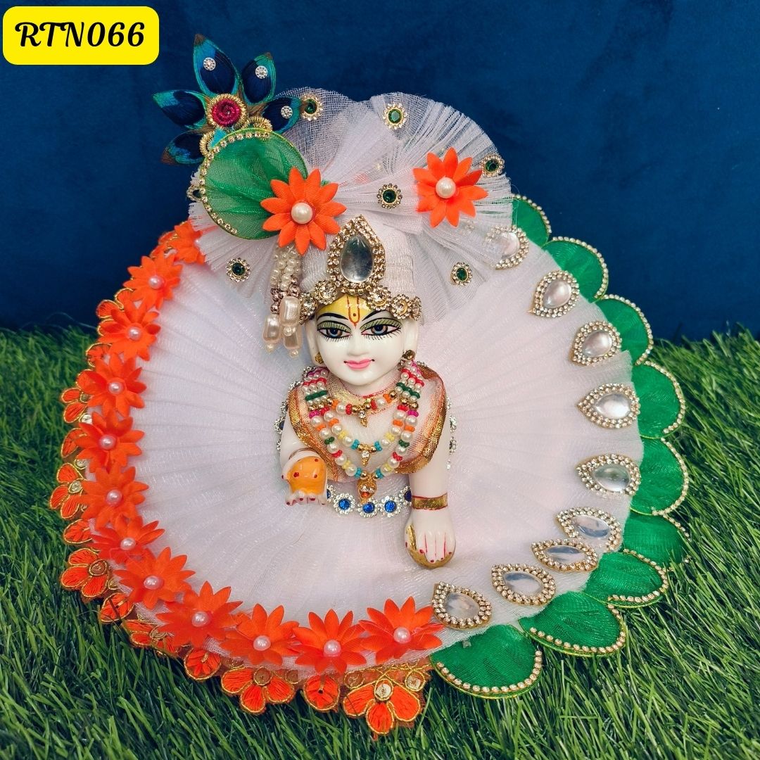 Tricolor Laddu Gopal Poshak with Floral Orange and Green Accents | RTN066