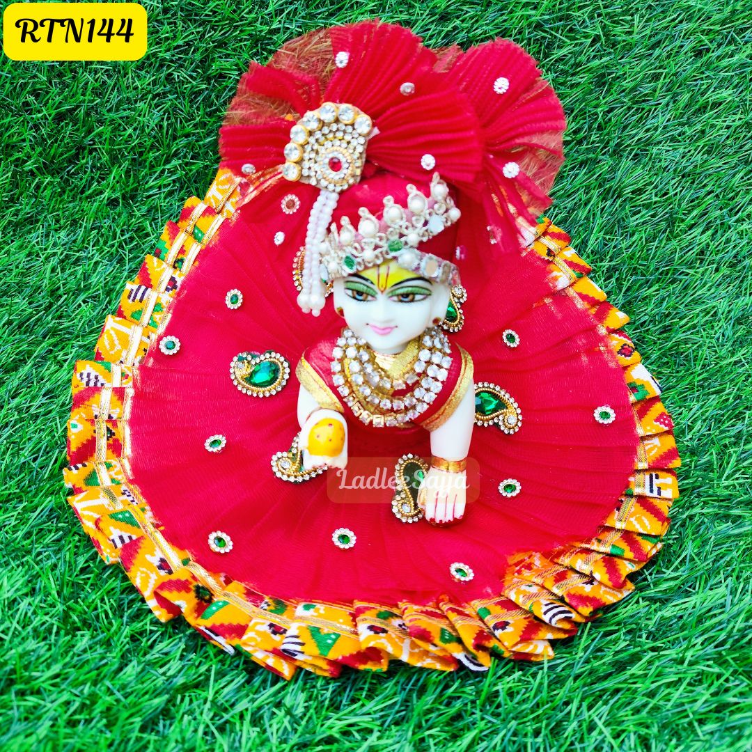 Red Stone Work Zari Floral Poshak for Laddu Gopal | RTN144