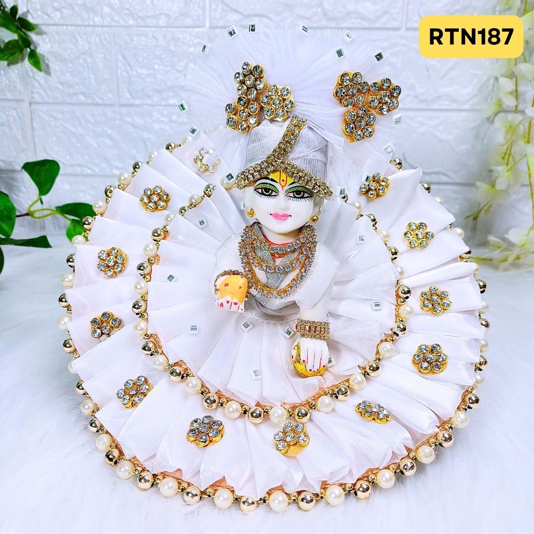 Elegant White Designer Laddu Gopal Poshak in Organza Fabric With Matching Pagdi | RTN187