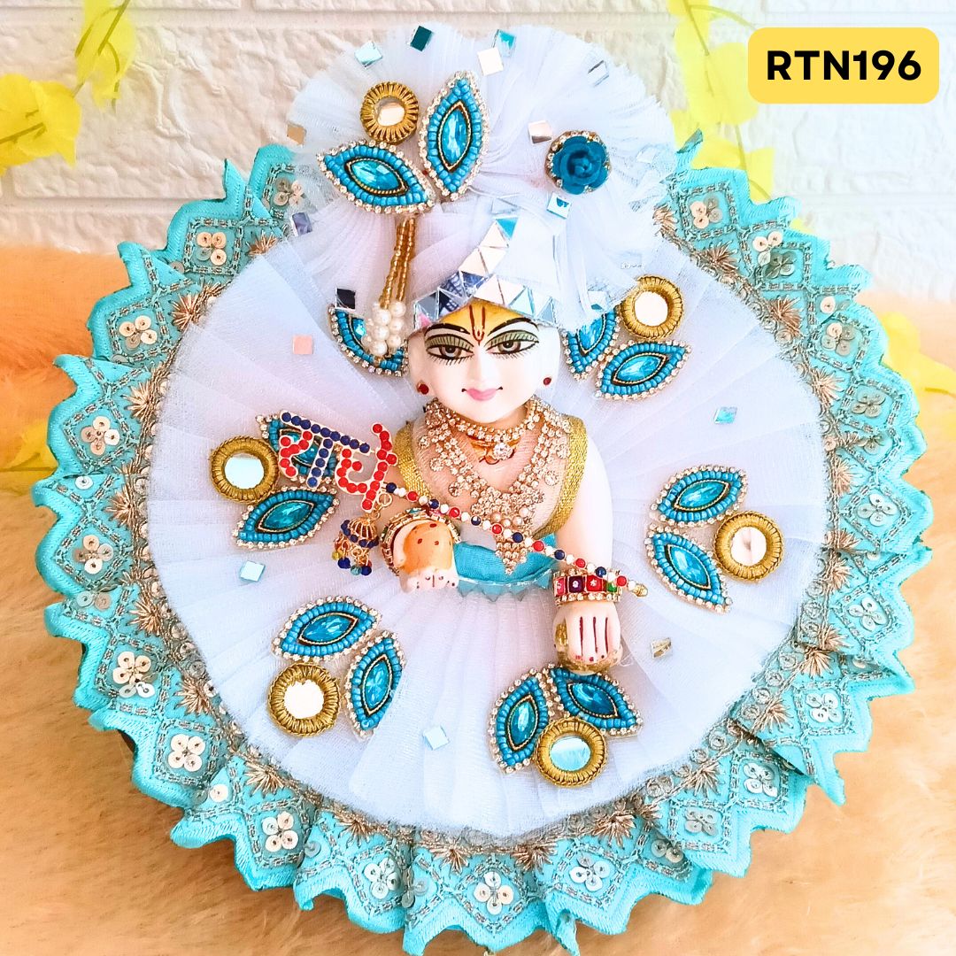 White Blue Stone Work Pearl Work Zari Beads Poshak for Laddu Gopal | RTN196