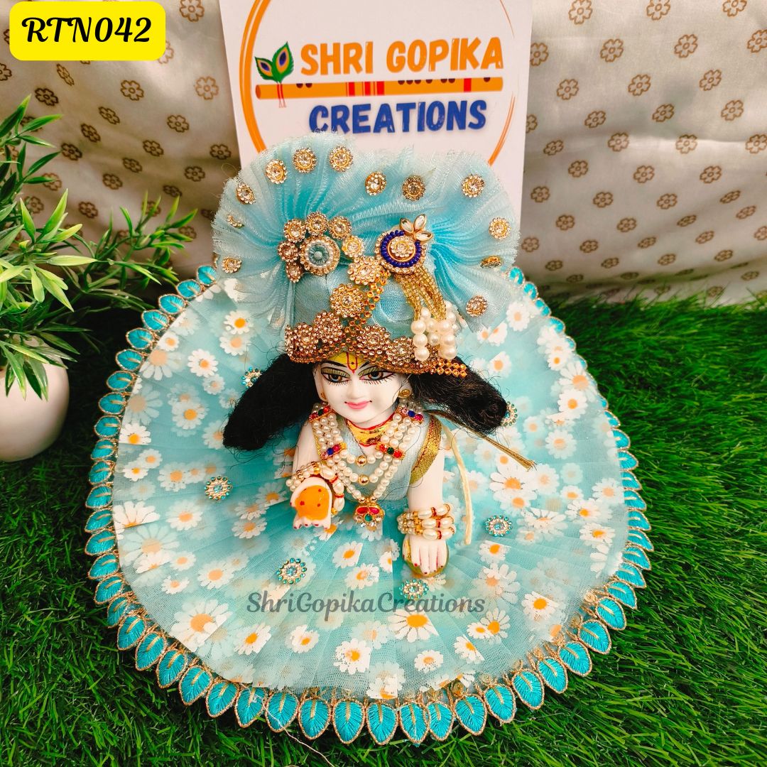 Sky Blue Floral Laddu Gopal Dress |Size- ( 5, 6 )| RTN042