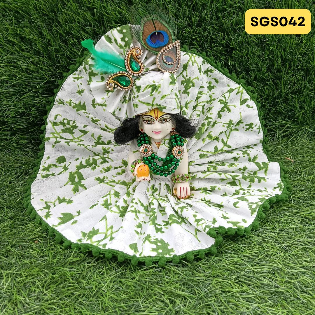 White Green printed cotton Laddu Gopal Dress with matching Pagdi โ SGS042