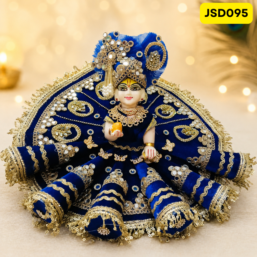 Royal Blue Mirror Work Laddu Gopal Ji Poshak with Matching Pagdi | JSD095