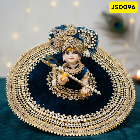Navy Blue Velvet Stone Work Laddu Gopal Ji Poshak with Matching Pagdi | JSD096