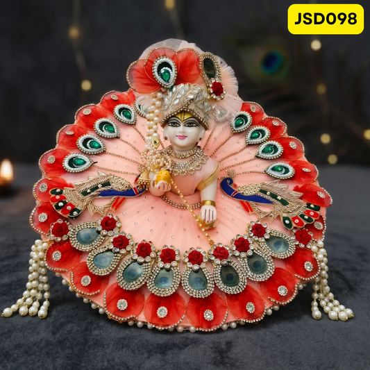 Peach Red Peacock Designer Laddu Gopal Ji Poshak with Matching Pagdi | JSD098