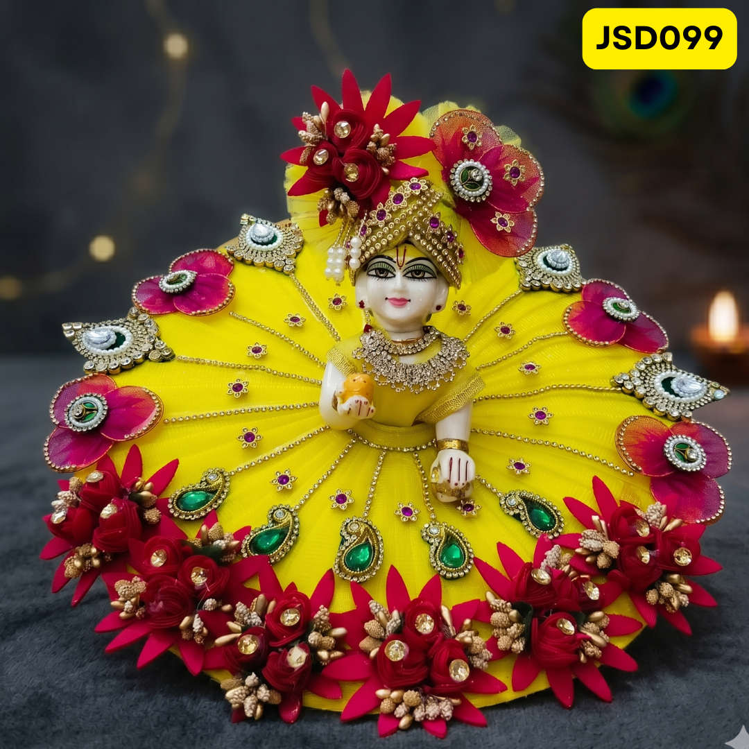 Yellow Floral Designer Laddu Gopal Ji Poshak with Matching Pagdi | JSD099